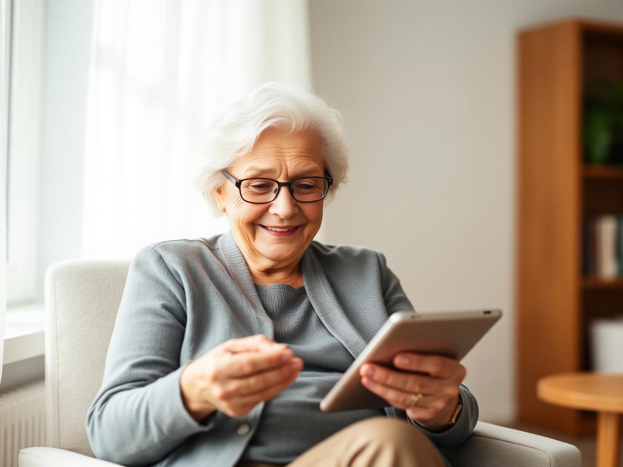 A senior woman smiling while using a tablet at home